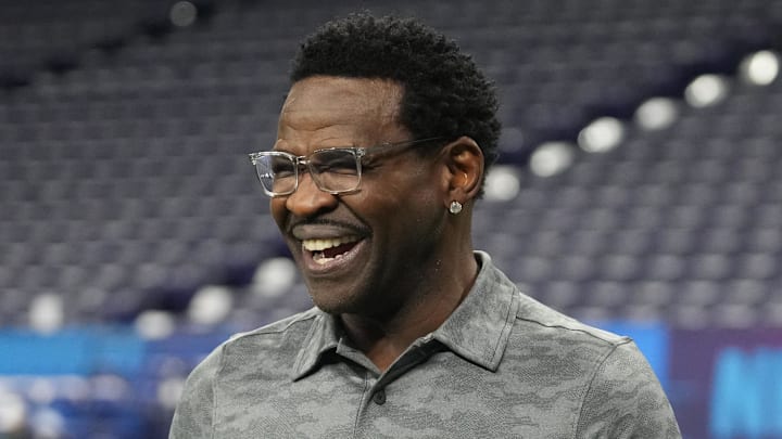 Mar 2, 2024; Indianapolis, IN, USA; NFL Hall of Fame player Michael Irvin during the 2024 NFL Combine at Lucas Oil Stadium. Mandatory Credit: Kirby Lee-Imagn Images