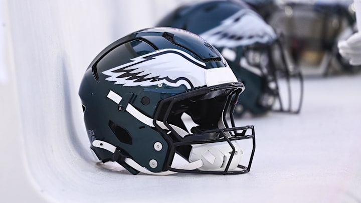 Aug 15, 2024; Foxborough, MA, USA; Philadelphia Eagles helmets sit on the bench during the first half against the New England Patriots at Gillette Stadium. Mandatory Credit: Eric Canha-Imagn Images