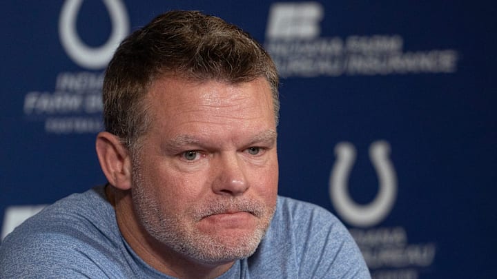 Indianapolis Colts General Manager Chris Ballard opens his pre-draft press conference discussing support for the family of long-time scout Matt Terpening in the lost of his wife, Monday, April 21, 2025 at the Colts headquarters, the Indiana Farm Bureau Football Center.