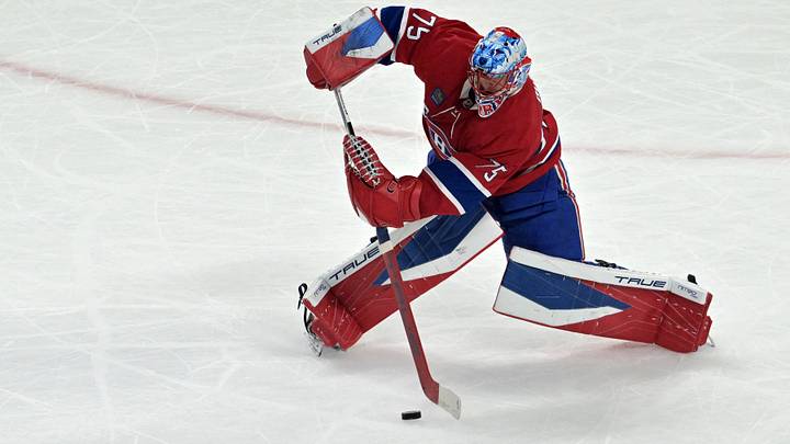 May 27, 2026; Montreal, Quebec, CAN; Montreal Canadiens goaltender Jakub Dobes (75) clears the puck against the Carolina Hurricanes during the first period in game four of the Eastern Conference Final of the 2026 Stanley Cup Playoffs at Bell Centre. Mandatory Credit: Eric Bolte-Imagn Images May 27, 2026; Montreal, Quebec, CAN; Montreal Canadiens goaltender Jakub Dobes (75) clears the puck against the Carolina Hurricanes during the first period in game four of the Eastern Conference Final of the 2026 Stanley Cup Playoffs at Bell Centre. Mandatory Credit: Eric Bolte-Imagn Images
