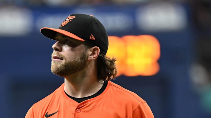 Baltimore Orioles starting pitcher Corbin Burnes walks off the field after the third inning against the Tampa Bay Rays at Tropicana Field on August 10, 2024. 