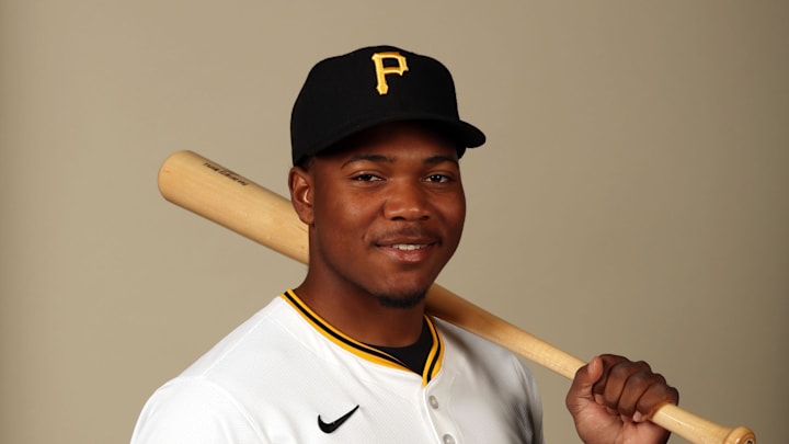 Pittsburgh Pirates infielder Termarr Johnson (81) poses for a photo during photo day at Pirate City in 2024.