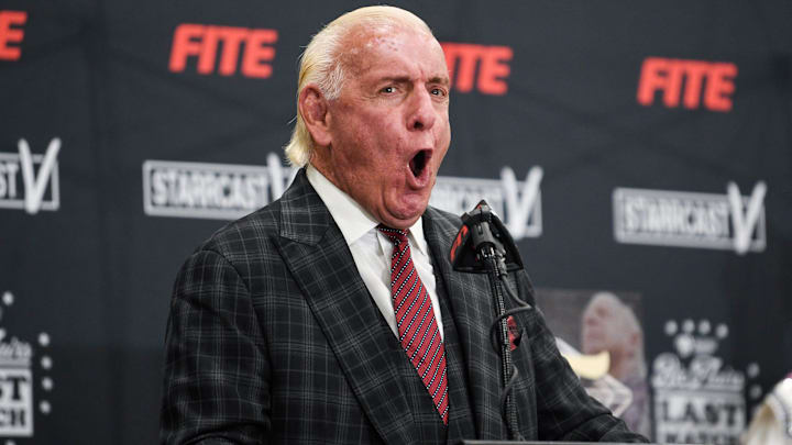 Ric Flair exclaims his trademark WOOO at his Last Match press conference at the Fairgrounds in Nashville, Tenn