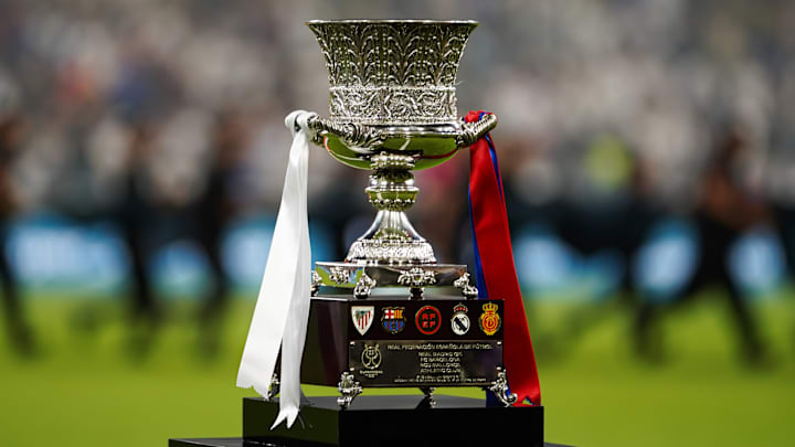 The Spanish Super Cup trophy is presented before the final...