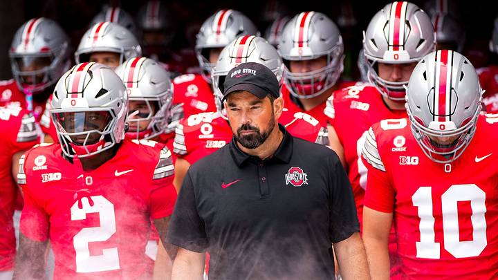 Ohio State Buckeyes head coach Ryan Day takes the field with his players before the NCAA football game against the Ball State Cardinals at Ohio Stadium on Sept. 5, 2026 in Columbus, Ohio.