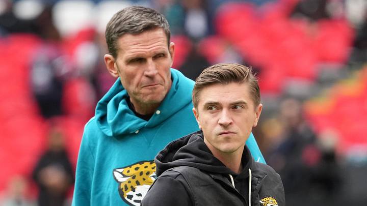 Oct 18, 2026; London, United Kingdom; Jacksonville Jaguars general manager James Gladstone (right) and executive vice president of football operations Tony Boselli during the 2026 NFL London Games against the Houston Texans at Wembley Stadium.