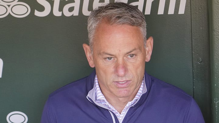 Apr 19, 2024; Chicago, Illinois, USA; Jed HoyerPresident of the Chicago Cubs talks to the media before a game between the Chicago Cubs and the Miami Marlins at Wrigley Field