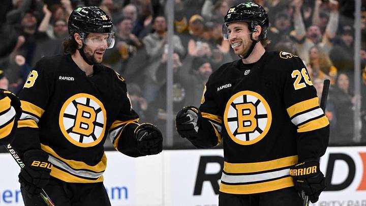 Jan 22, 2026; Boston, Massachusetts, USA; Boston Bruins center Elias Lindholm (28) celebrates with center Pavel Zacha (18) after scoring a goal against the Vegas Golden Knights during the first period at the TD Garden. Mandatory Credit: Brian Fluharty-Imagn Images