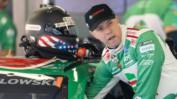 Feb 13, 2026; Daytona Beach, Florida, USA; NASCAR Cup Series driver Brad Keselowski during practice for the Daytona 500 at Daytona International Speedway.