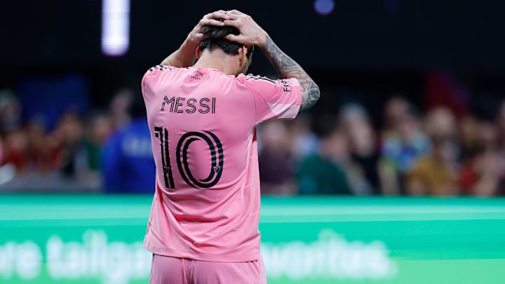 Lionel Messi shows his frustration after missing an opportunity in Inter Miami's 2-1 win at Atlanta Sunday. The team announced Monday that Messi suffered a groin injury and would not play for Argentina during the FIFA international break.