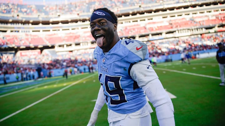 Tennessee Titans linebacker Arden Key (49) celebrates the victory over the Kansas City Chiefs at Nissan Stadium in Nashville, Tenn., Sunday, Dec. 21, 2025.