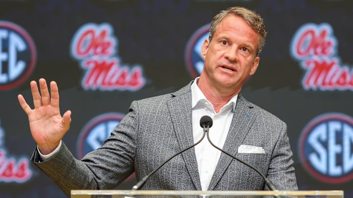 Ole Miss Rebels head coach Lane Kiffin speaks to the media during SEC Media Day at Omni Atlanta Hotel. Ole Miss Rebels head coach Lane Kiffin speaks to the media during SEC Media Day at Omni Atlanta Hotel.