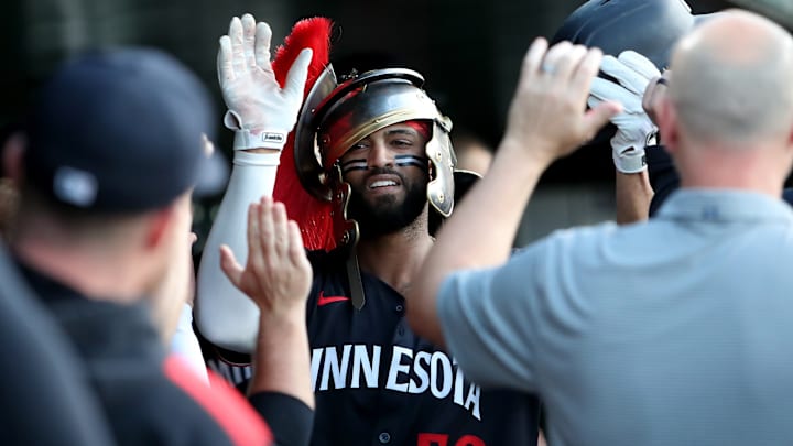 Minnesota Twins right fielder Willi Castro celebrates with teammates after hitting a solo home run against the Athletics during the fourth inning at Sutter Health Park in West Sacramento, Calif., on June 3, 2025.