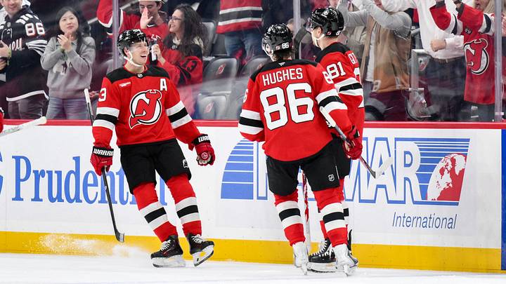 Oct 20, 2026; Newark, New Jersey, USA;  New Jersey Devils right wing Arseny Gritsyuk (81) celebrates with teammates after scoring a goal against the Colorado Avalanche during the third period at Prudential Center.  Mandatory Credit: John Jones-Imagn Images