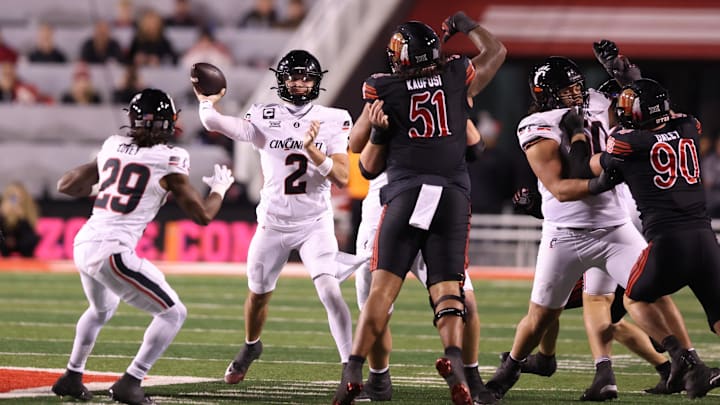 Nov 1, 2025; Salt Lake City, Utah, USA; Cincinnati Bearcats quarterback Brendan Sorsby (2) passes against the Utah Utes during the second half at Rice-Eccles Stadium. Mandatory Credit: Rob Gray-Imagn Images
