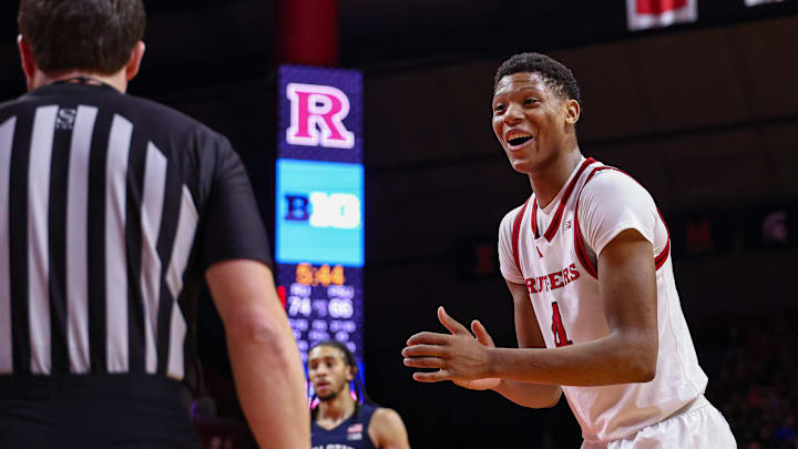 Dec 10, 2024; Piscataway, New Jersey, USA; Rutgers Scarlet Knights guard Ace Bailey (4) reacts during the second half against the Penn State Nittany Lions at Jersey Mike's Arena. Mandatory Credit: Vincent Carchietta-Imagn Images Dec 10, 2024; Piscataway, New Jersey, USA; Rutgers Scarlet Knights guard Ace Bailey (4) reacts during the second half against the Penn State Nittany Lions at Jersey Mike's Arena. Mandatory Credit: Vincent Carchietta-Imagn Images