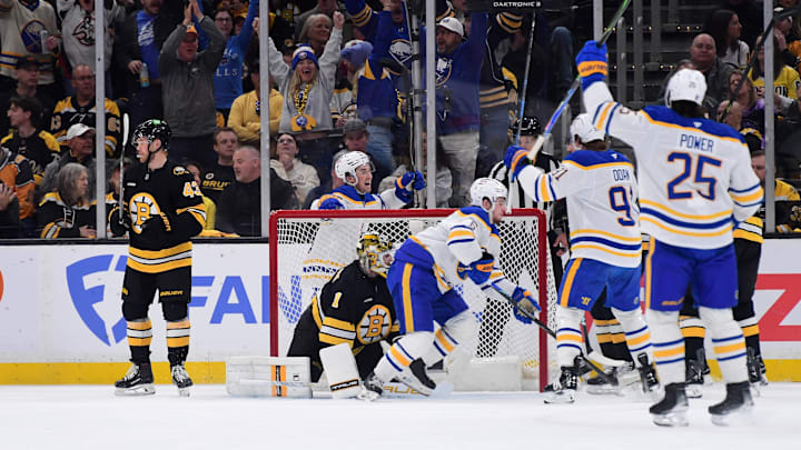 Apr 26, 2026; Boston, Massachusetts, USA; Buffalo Sabres left wing Zach Benson (6) scores a goal during the first period in game four of the first round of the 2026 Stanley Cup Playoffs against the Boston Bruins at TD Garden. Mandatory Credit: Bob DeChiara-Imagn Images