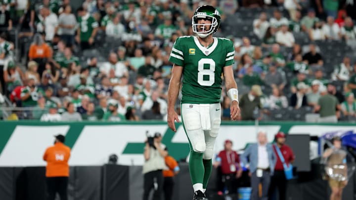 Sep 19, 2024; East Rutherford, New Jersey, USA; New York Jets quarterback Aaron Rodgers (8) reacts after an incomplete pass during the fourth quarter against the New England Patriots at MetLife Stadium. Mandatory Credit: Brad Penner-Imagn Images