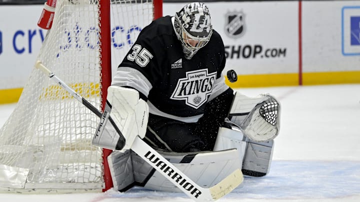 Apr 12, 2025; Los Angeles, California, USA; Los Angeles Kings goaltender Darcy Kuemper (35) makes a save during the third period against the Colorado Avalanche at Crypto.com Arena. Mandatory Credit: Jayne Kamin-Oncea-Imagn Images