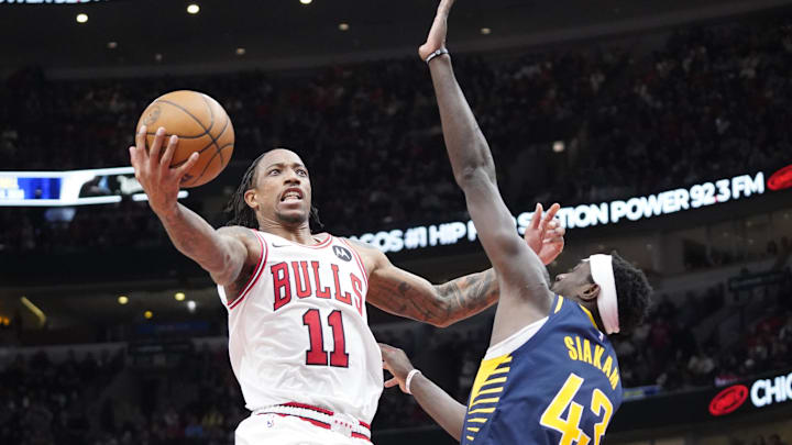 Mar 27, 2024; Chicago, Illinois, USA; Indiana Pacers forward Pascal Siakam (43) defends Chicago guard Demar DeRozan. 