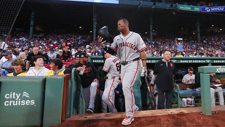 Aug 21, 2026; Boston, Massachusetts, USA; San Francisco Giants designated hitter Rafael Devers (16) reacts during the first inning against the Boston Red Sox at Fenway Park. Mandatory Credit: Paul Rutherford-Imagn Images