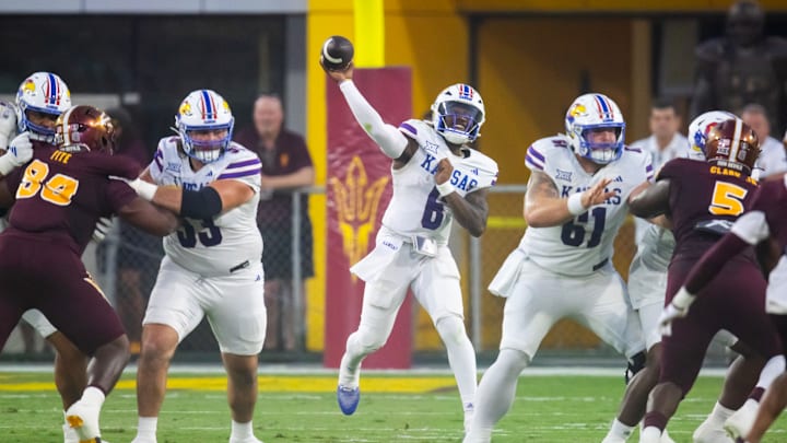 Oct 5, 2024; Tempe, Arizona, USA; Kansas Jayhawks quarterback Jalon Daniels (6) against the Arizona State Sun Devils in the first half at Mountain America Stadium. 