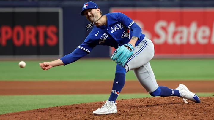 May 25, 2023; St. Petersburg, Florida, USA; Toronto Blue Jays relief pitcher Adam Cimber (90) throws