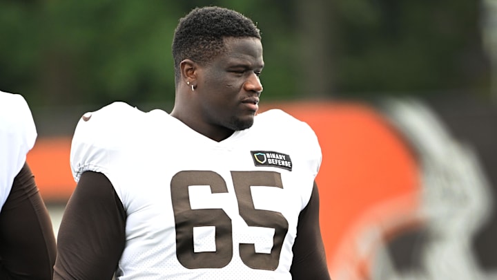 Aug 5, 2024; Cleveland Browns guard Germain Ifedi (65) during practice at the Browns training facility in Berea, Ohio. 