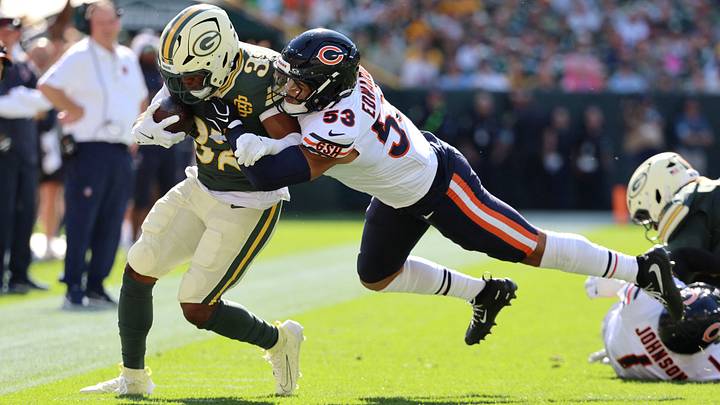 Bears linebacker T.J. Edwards forces Green Bay Packers running back MarShawn Lloyd out of bounds in the Bears' 31-7 loss. Bears linebacker T.J. Edwards forces Green Bay Packers running back MarShawn Lloyd out of bounds in the Bears' 31-7 loss.