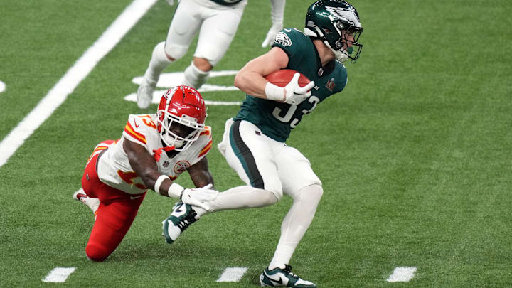 Feb 9, 2025; New Orleans, LA, USA; Philadelphia Eagles cornerback Cooper DeJean (33) returns a punt against Kansas City Chiefs safety Nazeeh Johnson (13) during the second quarter in Super Bowl LIX at Caesars Superdome. Mandatory Credit: Kirby Lee-Imagn Images