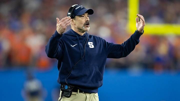 Dec 31, 2024; Glendale, AZ, USA; Penn State Nittany Lions special teams coordinator Justin Lustig against the Boise State Broncos during the Fiesta Bowl at State Farm Stadium. Mandatory Credit: Mark J. Rebilas-Imagn Images