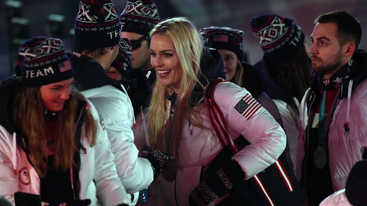 Lindsey Vonn arrives for the parade of athletes during the closing ceremony for the Pyeongchang 2018 Olympic Winter Games at Pyeongchang Olympic Stadium. 