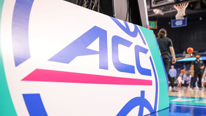 Mar 8, 2025; Greensboro, NC, USA;  A view of ACC signage on the court between NC State Wolfpack and North Carolina Tar Heels at First Horizon Coliseum. Mandatory Credit: Cory Knowlton-Imagn Images