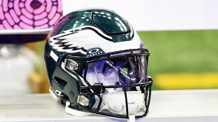 Feb 9, 2025; New Orleans, LA, USA; Detailed view of a Philadelphia Eagles helmet during Super Bowl LIX at Ceasars Superdome. Mandatory Credit: Mark J. Rebilas-Imagn Images Feb 9, 2025; New Orleans, LA, USA; Detailed view of a Philadelphia Eagles helmet during Super Bowl LIX at Ceasars Superdome. Mandatory Credit: Mark J. Rebilas-Imagn Images