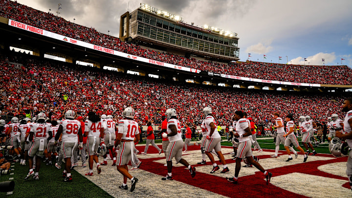 Ohio State Buckeyes run to the locker room during half time against the Wisconsin Badgers at Camp Randall Stadium on Saturday, Oct. 18, 2025 in Madison, Wisconsin.