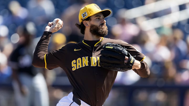Mar 11, 2025; Peoria, Arizona, USA; San Diego Padres pitcher Dylan Cease against the Chicago White Sox during a spring training game at Peoria Sports Complex. 