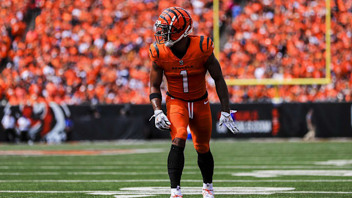 Sep 8, 2024; Cincinnati, Ohio, USA; Cincinnati Bengals wide receiver Ja'Marr Chase (1) prepares for the snap in the second half against the New England Patriots at Paycor Stadium. Mandatory Credit: Katie Stratman-Imagn Images