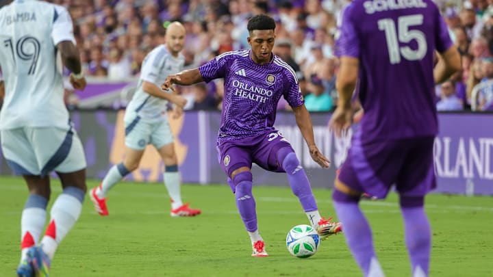 May 31, 2025; Orlando, Florida, USA; Orlando City defender Alex Freeman (30) kicks the ball during the first half against the Chicago Fire at Inter&Co Stadium. Mandatory Credit: Mike Watters-Imagn Images