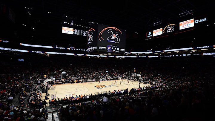 Oct 13, 2021; Phoenix, Arizona, USA; A general view of game action between the Phoenix Mercury and the Chicago Sky during the first half of game two of the 2021 WNBA Finals at Footprint Center. Mandatory Credit: Joe Camporeale-Imagn Images
