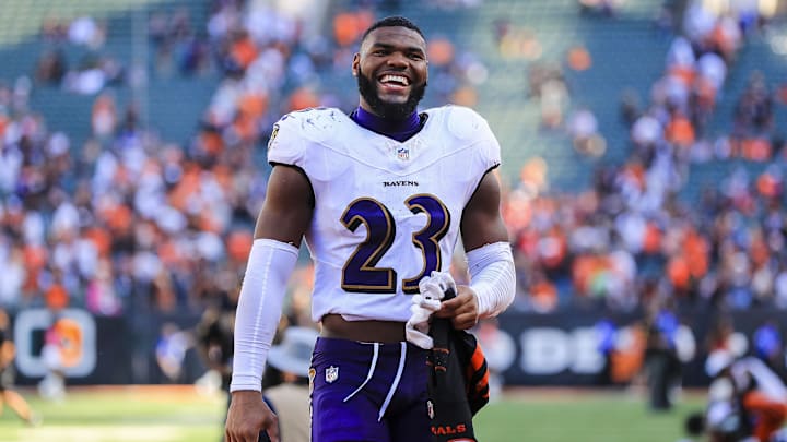 Oct 6, 2024; Cincinnati, Ohio, USA; Baltimore Ravens linebacker Trenton Simpson (23) reacts after the victory over the Cincinnati Bengals at Paycor Stadium. Mandatory Credit: Katie Stratman-Imagn Images Oct 6, 2024; Cincinnati, Ohio, USA; Baltimore Ravens linebacker Trenton Simpson (23) reacts after the victory over the Cincinnati Bengals at Paycor Stadium. Mandatory Credit: Katie Stratman-Imagn Images