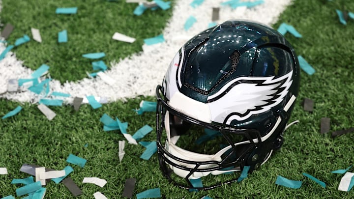 Feb 9, 2025; New Orleans, LA, USA; A Philadelphia Eagles player's helmet rests on the field after Super Bowl LIX against the Kansas City Chiefs at Caesars Superdome. Mandatory Credit: Geoff Burke-Imagn Images Feb 9, 2025; New Orleans, LA, USA; A Philadelphia Eagles player's helmet rests on the field after Super Bowl LIX against the Kansas City Chiefs at Caesars Superdome. Mandatory Credit: Geoff Burke-Imagn Images