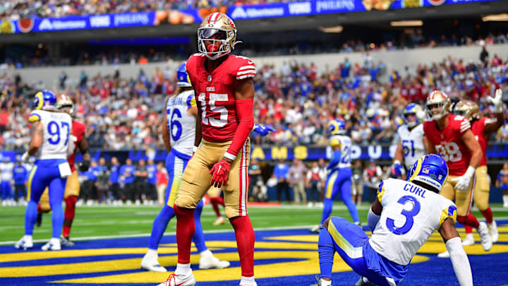 Sep 22, 2024; Inglewood, California, USA; San Francisco 49ers wide receiver Jauan Jennings (15) celebrates his touchdown scored against the Los Angeles Rams during the first half at SoFi Stadium. Mandatory Credit: Gary A. Vasquez-Imagn Images