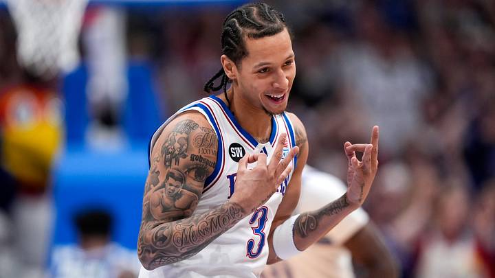 Jan 31, 2026; Lawrence, Kansas, USA; Kansas Jayhawks guard Tre White (3) celebrates after scoring during the first half against the BYU Cougars at Allen Fieldhouse. Mandatory Credit: Jay Biggerstaff-Imagn Images Jan 31, 2026; Lawrence, Kansas, USA; Kansas Jayhawks guard Tre White (3) celebrates after scoring during the first half against the BYU Cougars at Allen Fieldhouse. Mandatory Credit: Jay Biggerstaff-Imagn Images