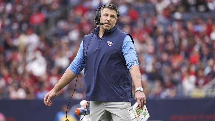 Dec 31, 2023; Houston, Texas, USA; Tennessee Titans head coach Mike Vrabel reacts after a play during the first quarter against the Houston Texans at NRG Stadium. Mandatory Credit: Troy Taormina-Imagn Images
