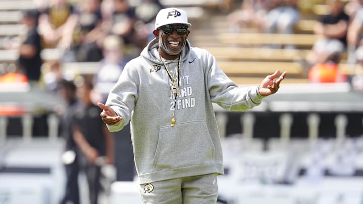 Sep 6, 2025; Boulder, Colorado, USA; Colorado Buffaloes head coach Deion Sanders before the game against the Delaware Fightin Blue Hens at Folsom Field. Mandatory Credit: Ron Chenoy-Imagn Images