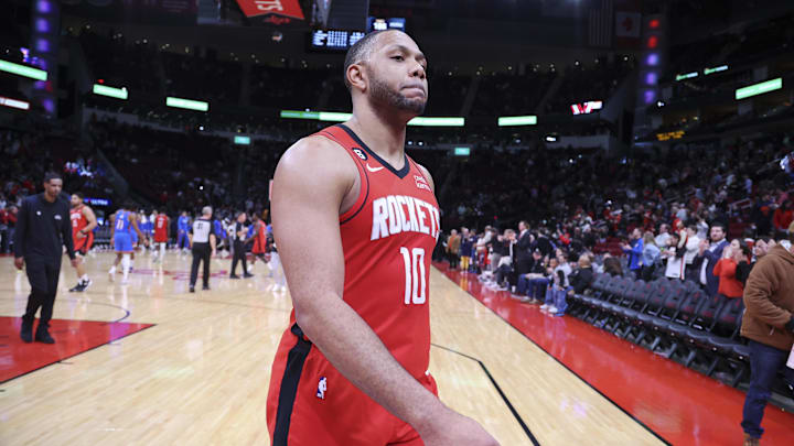 Feb 1, 2023; Houston, Texas, USA; Houston Rockets guard Eric Gordon (10) walks off the court after the game against the Oklahoma City Thunder at Toyota Center. Mandatory Credit: Troy Taormina-Imagn Images