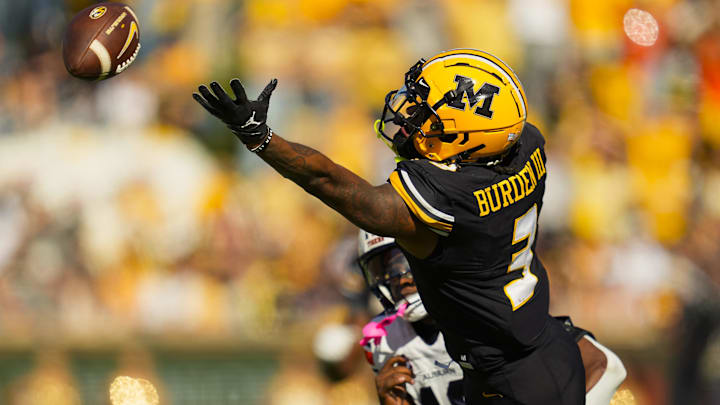 Oct 19, 2024; Columbia, Missouri, USA; Missouri Tigers wide receiver Luther Burden III (3) is unable to make a catch during the second half against the Auburn Tigers at Faurot Field at Memorial Stadium. Mandatory Credit: Jay Biggerstaff-Imagn Images Oct 19, 2024; Columbia, Missouri, USA; Missouri Tigers wide receiver Luther Burden III (3) is unable to make a catch during the second half against the Auburn Tigers at Faurot Field at Memorial Stadium. Mandatory Credit: Jay Biggerstaff-Imagn Images