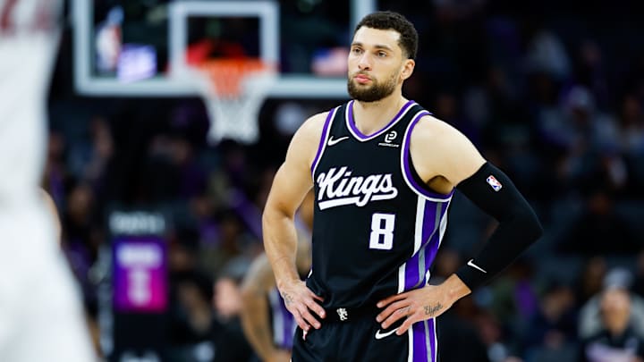 Jan 20, 2026; Sacramento, California, USA; Sacramento Kings guard Zach LaVine (8) looks on against the Miami Heat during the third quarter at Golden 1 Center. 