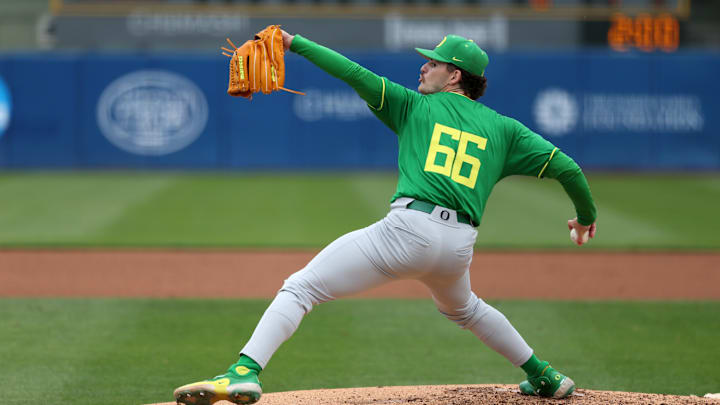 May 31, 2024; Santa Barbara, CA, USA; Oregon pitcher RJ Gordon (66) pitches during the first inning of an NCAA Baseball Santa Barbara Regional between San Diego and Oregon at Caesar Uyesaka Stadium. Mandatory Credit: Kiyoshi Mio-USA TODAY Sports