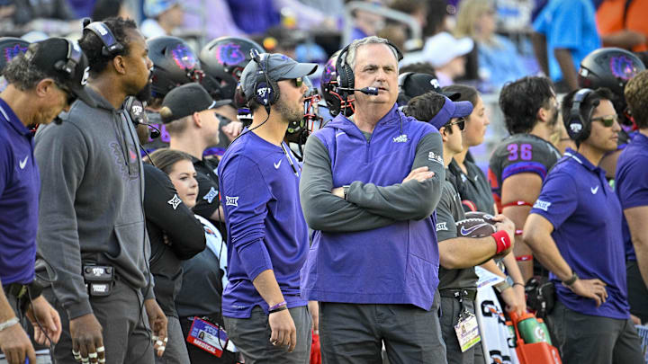 Nov 18, 2023; Fort Worth, Texas, USA; TCU Horned Frogs head coach Sonny Dykes during the game between the TCU Horned Frogs and the Baylor Bears at Amon G. Carter Stadium. Mandatory Credit: Jerome Miron-Imagn Images